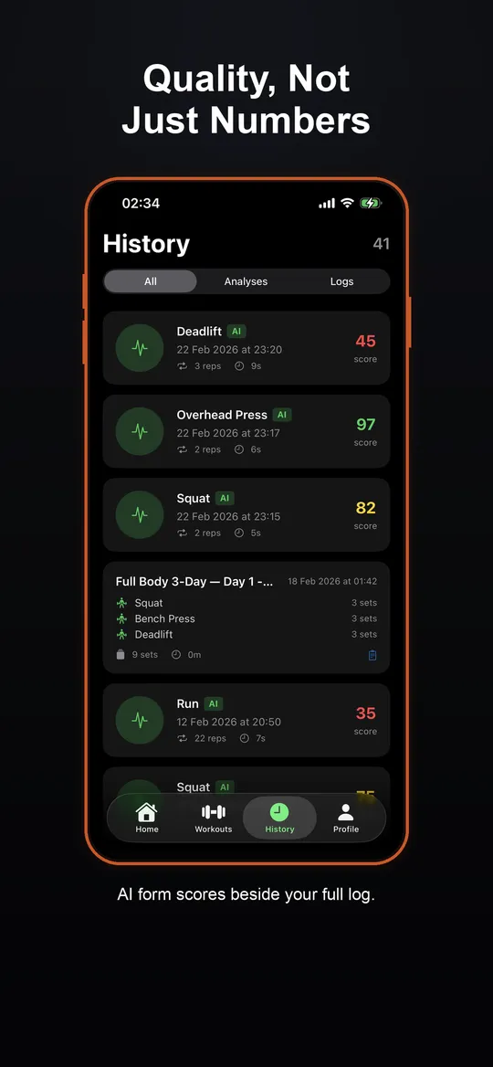 FormLens workout log with form scores