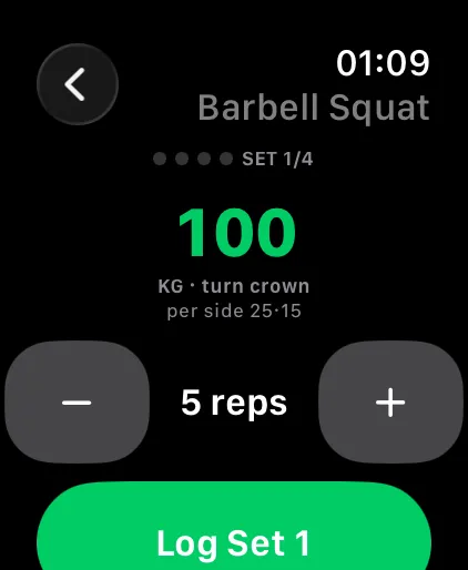 FormLens on Apple Watch — guided set with plate math